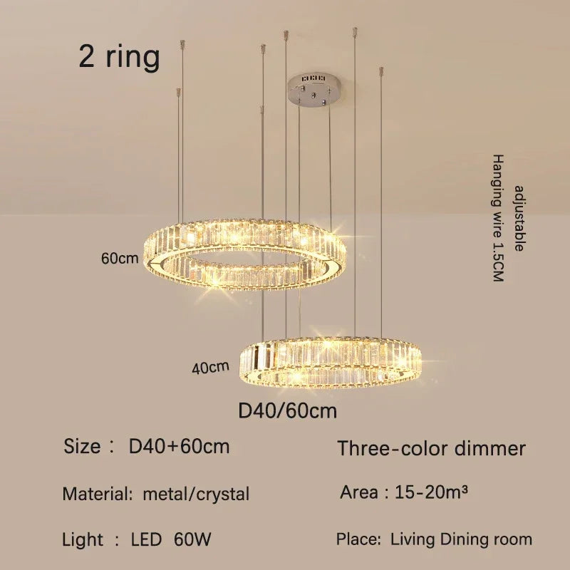 DecorBites™ Golden Crystal Chandelier: Nordic Modern Luxury LED Hanging Halo for Living Room