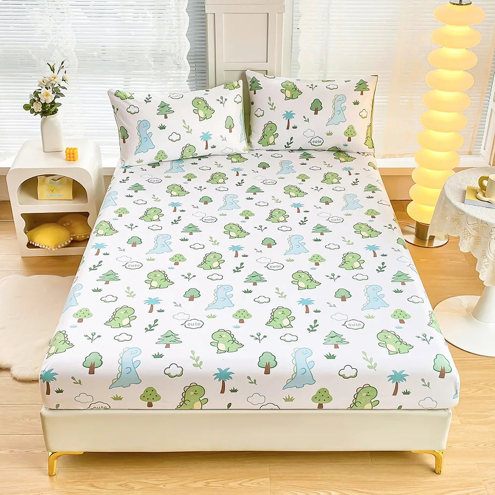 DecorBites™ Green Leaf Flower Fitted Sheet Set with 2 Pillowcases for All Seasons