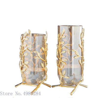 DecorBites™ Gold Frame Glass Vase with Rattan Branches for Home Decor & Flower Arrangement