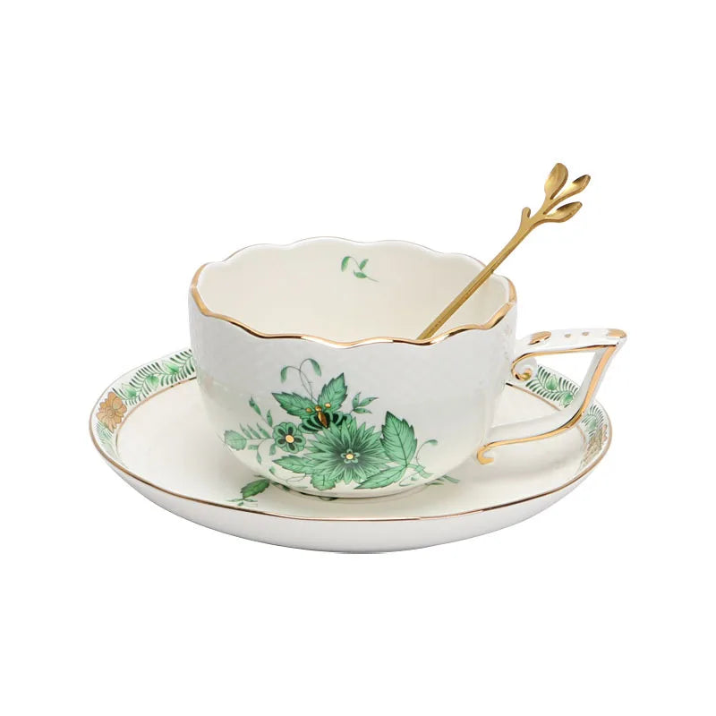 DecorBites™ Green Plant Patterns Ceramic Tea Cup Set with Spoon and Plate - Perfect for English Afternoon Tea Time
