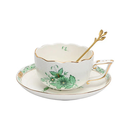 DecorBites™ Green Plant Patterns Ceramic Tea Cup Set with Spoon and Plate - Perfect for English Afternoon Tea Time