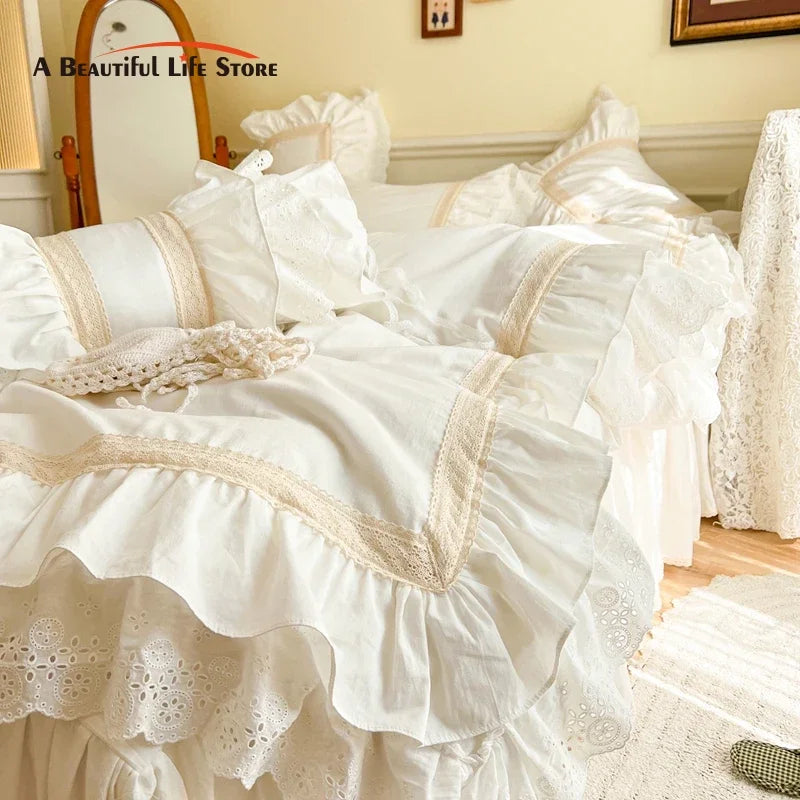 Decobites French Vintage Ruffles Embroidery Bedding Set, Cream White, 100% Cotton, Quilt Cover