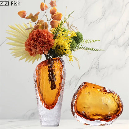 DecorBites™ Amber Glass Vase: Table Decor, Flower Arrangement, Hydroponic Plant Pot