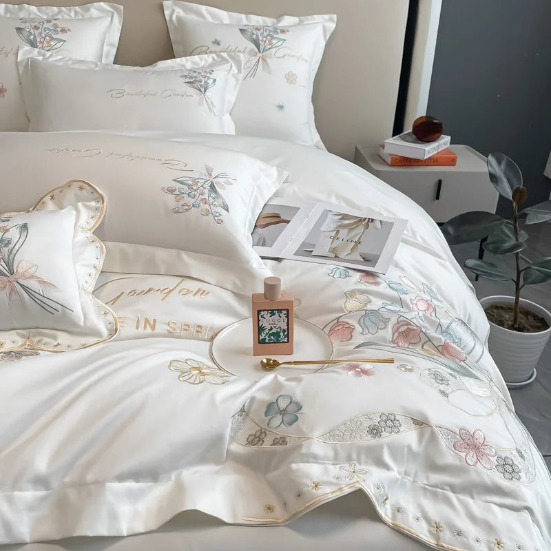 DecorBites™ Chic Flowers Embroidery Princess Bedding Set - 100% Egyptian Cotton - Duvet Cover, Sheet, Pillowcases