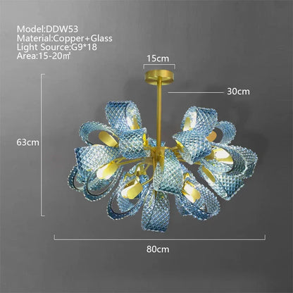 DecorBites™ LED Art Deco Blue Peacock Leaf Copper Ceiling Chandelier for Living Room