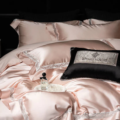 Decobites Luxe Brocade & Egyptian Cotton Bedding Set with Hollow Lace Edge