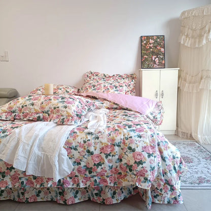 Decobites Vintage Rose Flowers Lace Ruffles Cotton Girl Bedding Set - 1 Duvet, 1 Sheet, 2 Pillowcases