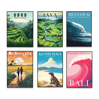 DecorBites™ Bali Surfing Poster - Uluwatu, Canggu, Pererenan Estuary, Borobudur, Komodo, Rice Field Illustration
