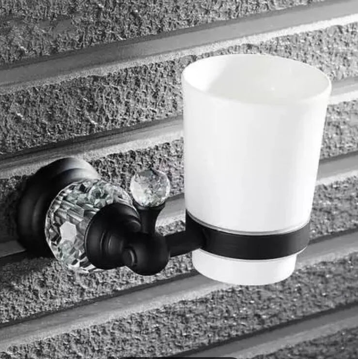 DecorBites™ Black Brass & Crystal Bathroom Accessories Set - Towel Rack, Towel Bar, Paper Holder, Soap Dish, Cup Holder, Toilet JM251