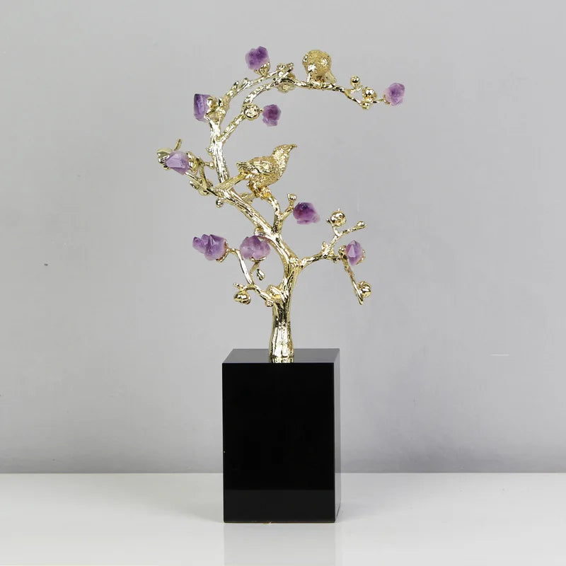 DecorBites™ Golden Tree Crystal Flower Brass Amethyst Decor with Golden Bird Figurines