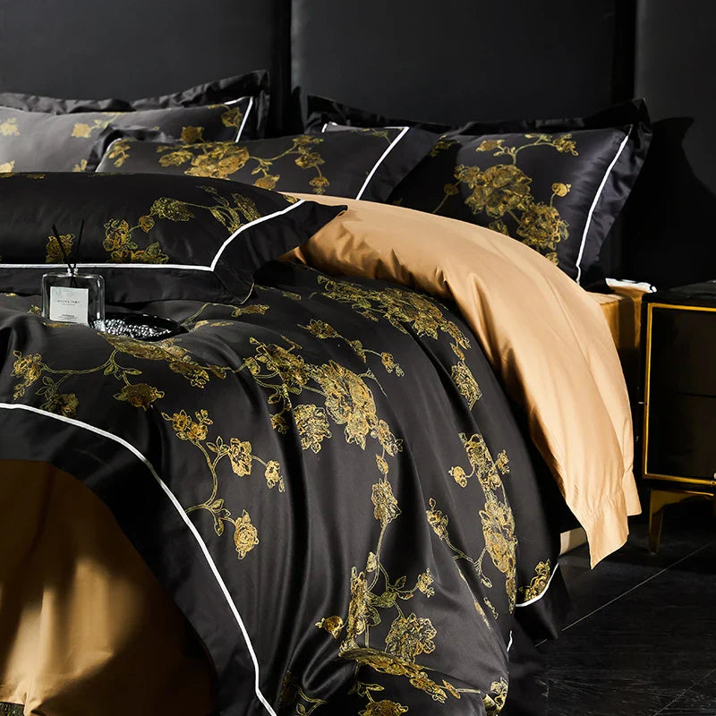 Decorbites™ Gold Flowers Luxus-Bettwäsche-Set aus ägyptischer Baumwolle mit 1000TC weichem Daunendeckelbezug, Laken und Kissenbezügen