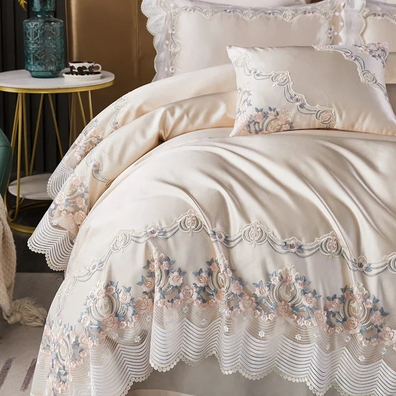 Decorbites™ Spitze Seiden-Baumwoll-Luxus-Französisches-Brautbettwäsche-Set für schicke Prinzessinnen-Schlafzimmer