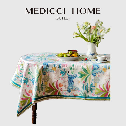 DecorBites™ Jungle Vibes Tablecloth: Tiger Plants & Pagoda Print for Kitchen Garden