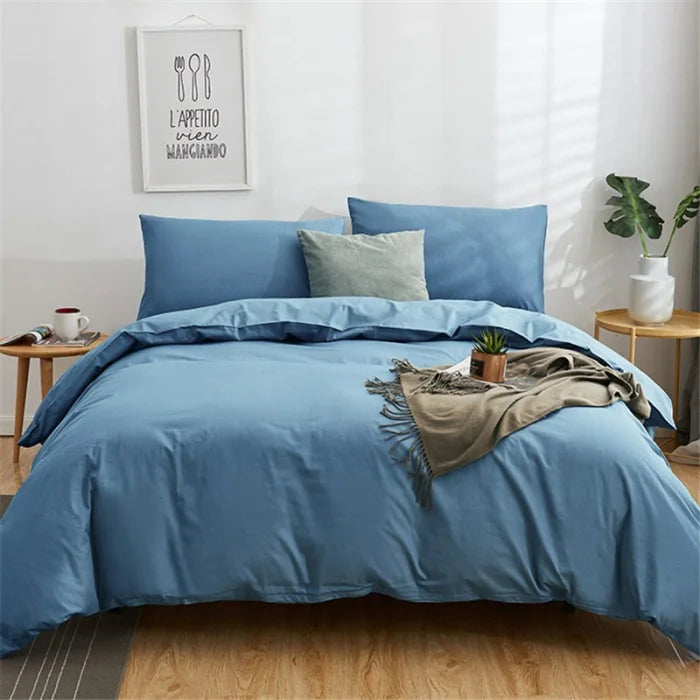 DecorBites™ Cotton 4pcs Bedding Set Double Queen Solid Color Duvet Cover Flat Bed Sheet