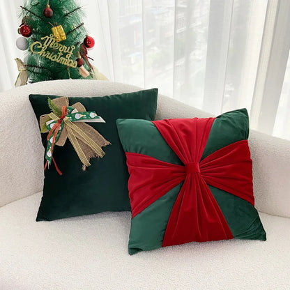 DecorBites™ Christmas Bow Patchwork Velvet Pillow Cover Set for Festive Home Decor