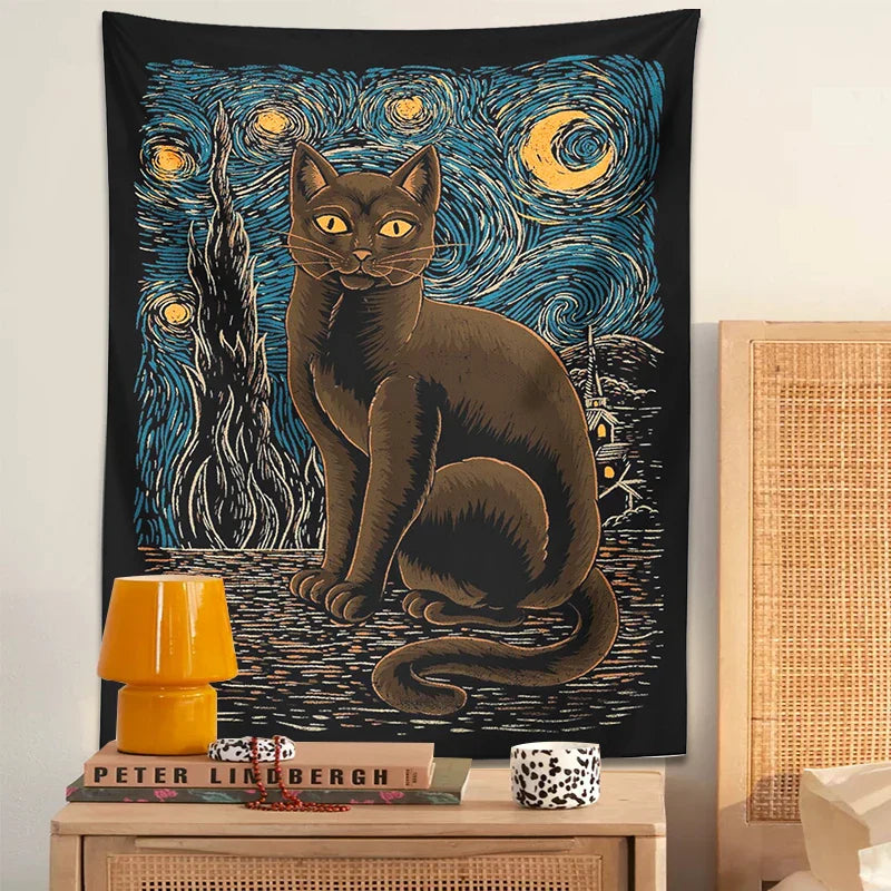 Decobites Starry Night Cat Tapestry: Van Gogh Inspired Mysterious Wall Decor