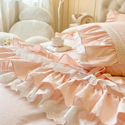 Decobites Pink Princess Lace Ruffles Bedding Set - 100% Cotton Double Layer Duvet Cover