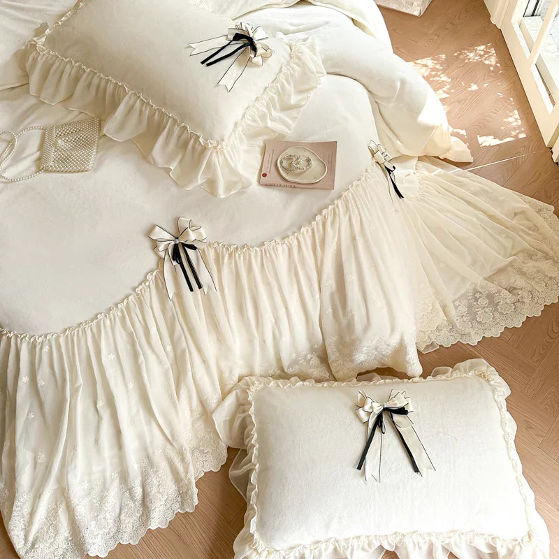 DecorBites™ Lace Ruffles Princess Bedding Set, Velvet Duvet Cover, Plush Bed Sheet, Pillowcases