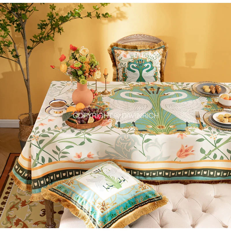 DecorBites™ Double Swan & Floral Print Velvet Tablecloth with Tassels