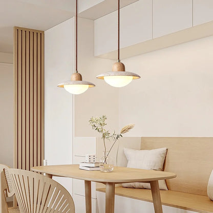 DecorBites™ LED Pendant Lights Yellow Travertine Wood Hanging Lamp for Bedroom Dining Room