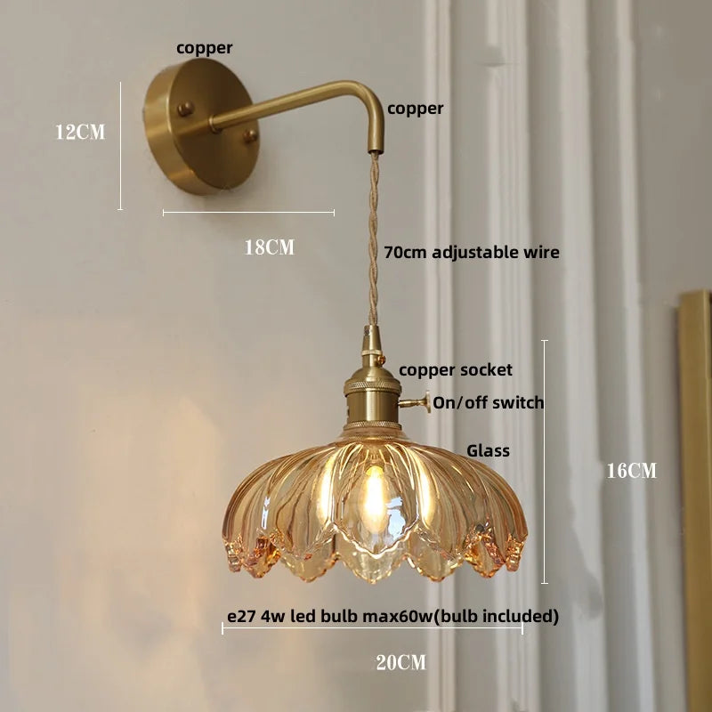 Decorbites™ Amber Vintage LED Wandlampe Glas Kupfer Zugschalter für Schlafzimmer