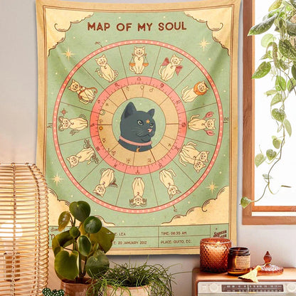 Decobites Cat Tapestry Soul Tarot Zodiac Constellation Wheel Retro Boho Living Room Decor