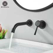 Grifo de baño de latón dorado Decorbites™ con manija de palanca moderna, montaje en pared para fregadero