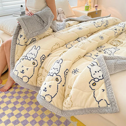 DecorBites™ Cartoon Print Three-Layer Velvet Blanket for Cozy Winter Bedding