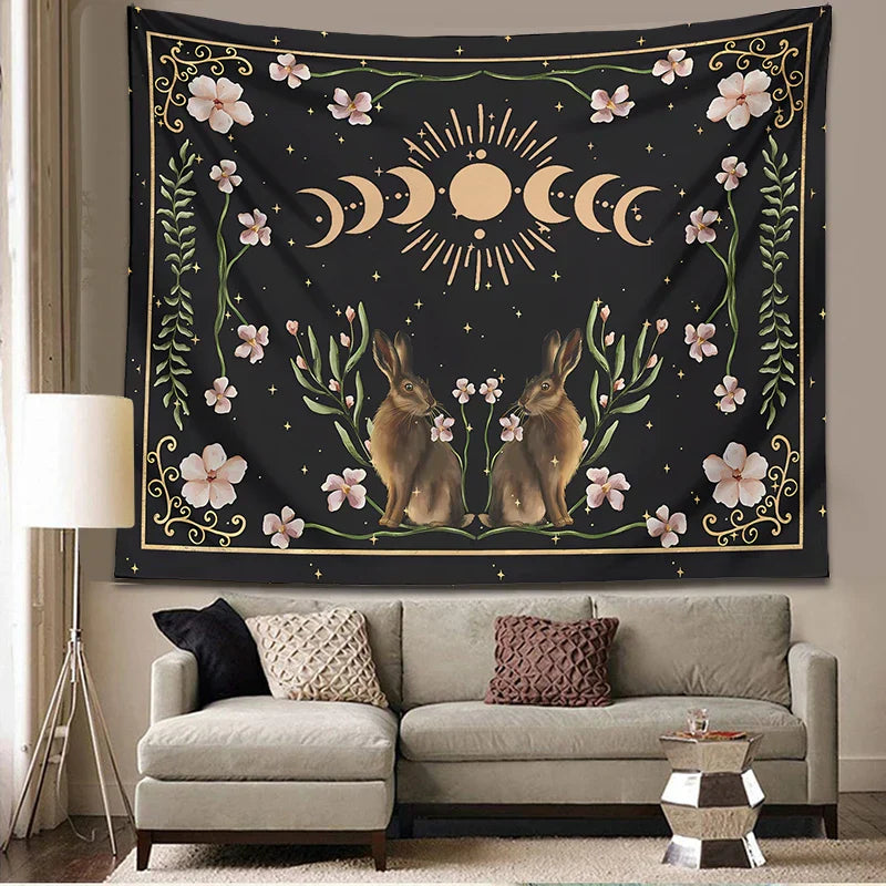 Decobites Moon Phase Rabbit Tarot Cloth Celestial Botanical Wall Hanging