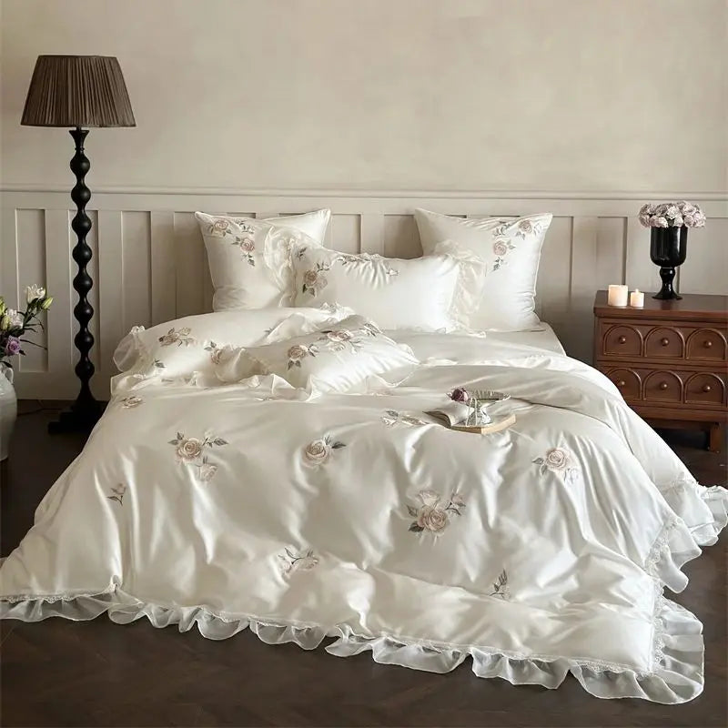 Decobites Rose Flowers Embroidery Lace Ruffles Wedding Bedding Set, 1000TC Egyptian Cotton