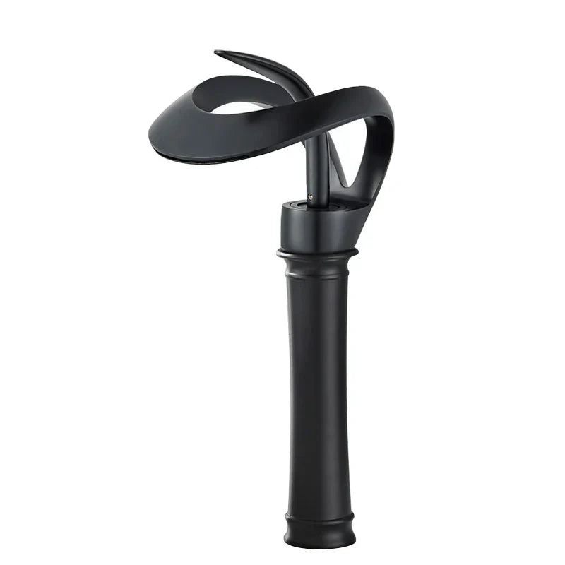 Grifo de lavabo tipo cascada DecorBites™ de latón negro, monomando para montaje en cubierta