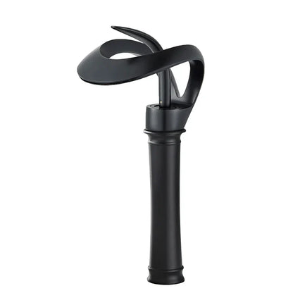 Grifo de lavabo tipo cascada DecorBites™ de latón negro, monomando para montaje en cubierta