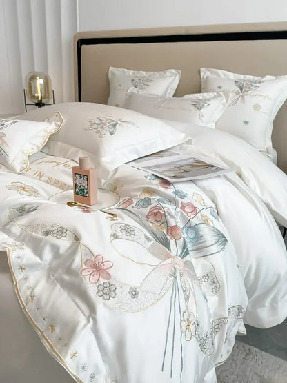 DecorBites™ Chic Flowers Embroidery Princess Bedding Set - 100% Egyptian Cotton - Duvet Cover, Sheet, Pillowcases