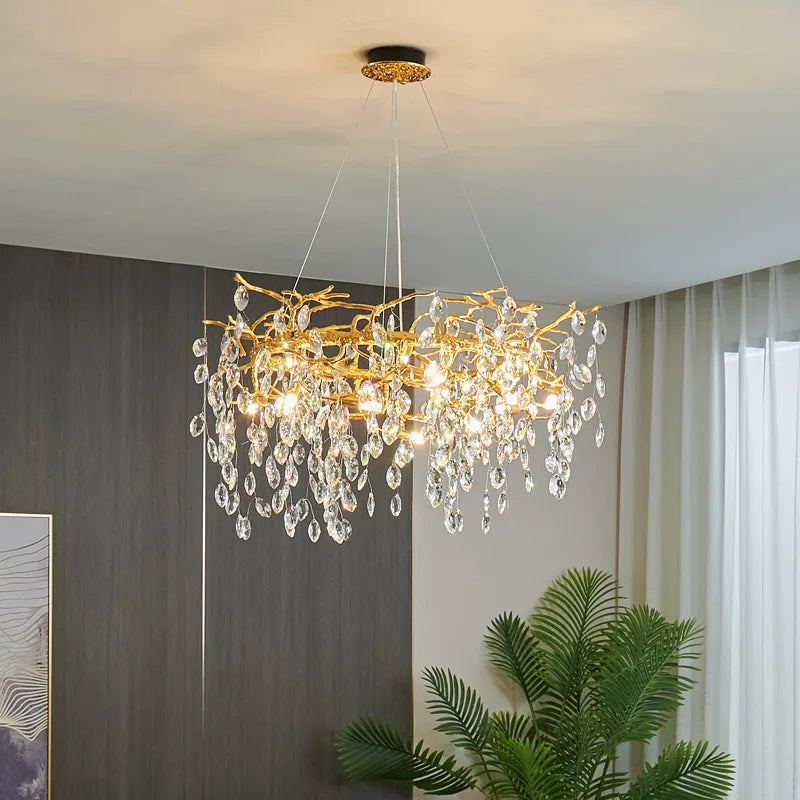 DecorBites™ Golden Crystal Tree Chandelier, Luxury Matte Aluminum Art Ceiling Light for Living Room