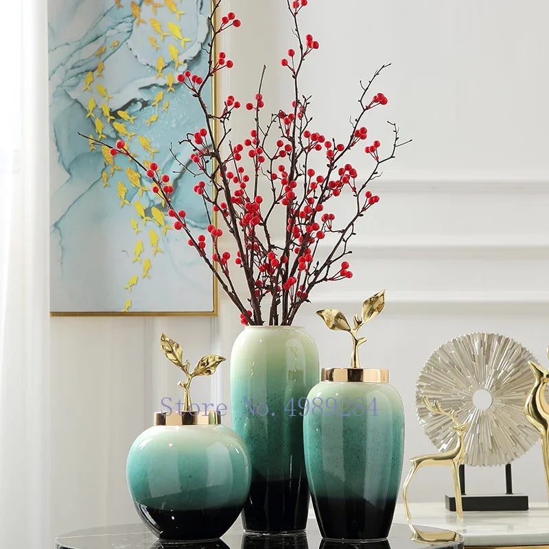 DecorBites™ Gradient Ceramic Vase with Golden Leaves Cover for Modern Home Decor and Weddings