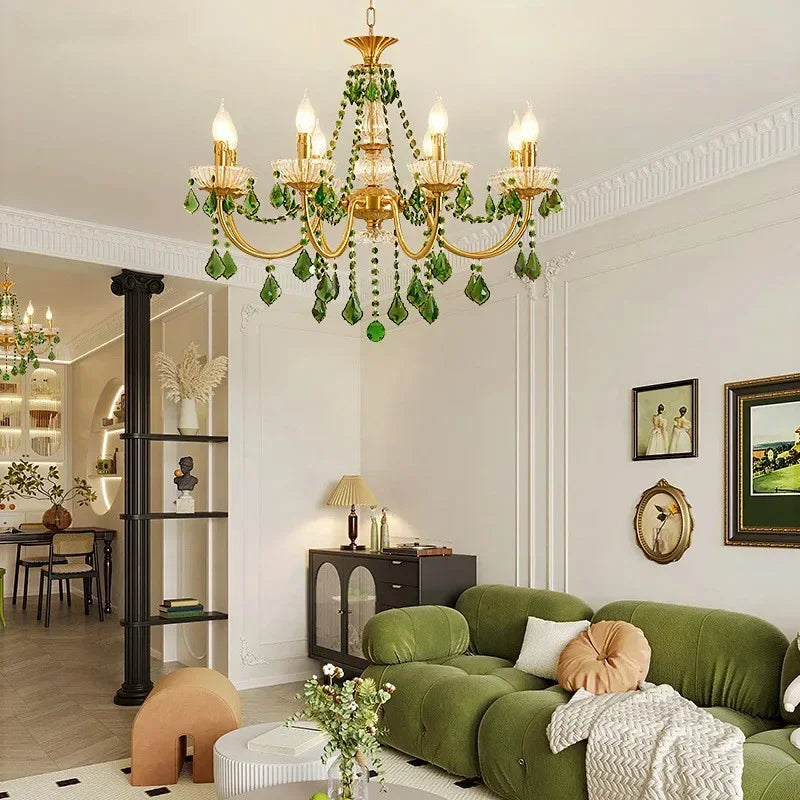 DecorBites™ Green Crystal Chandelier for Living Room - Bohemian Style LED Pendant Lighting