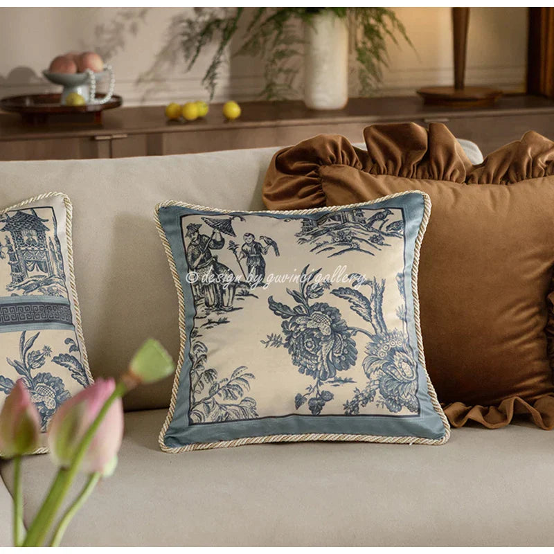Decorbites™ Delft-Blau Toile de Jouy Kissenbezüge - Vintage Französischer Stil für Hausdekoration