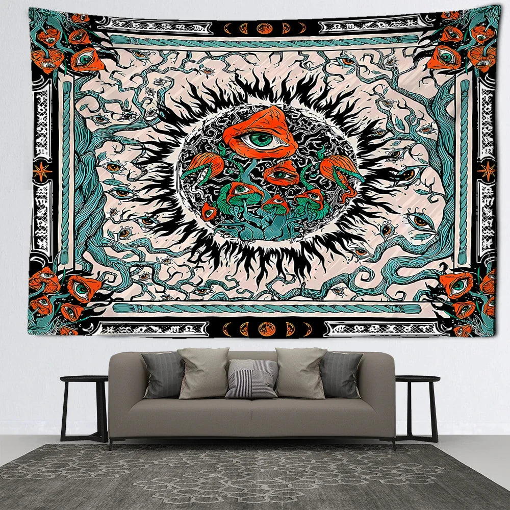 Orange Eyed Mushroom Sun Tapestry - Decobites Abstract Psychedelic Room Decor