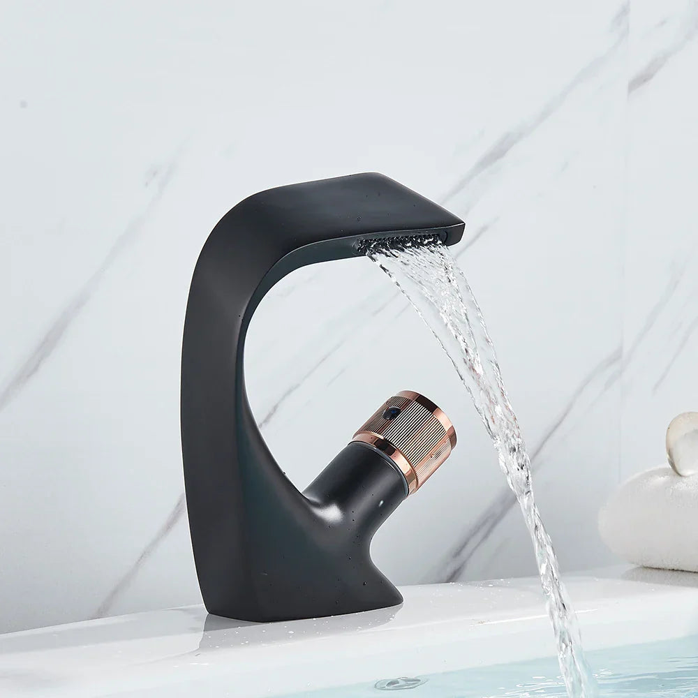 DecorBites™ Black Brass Basin Faucet - Cold & Hot Waterfall Sink Tap