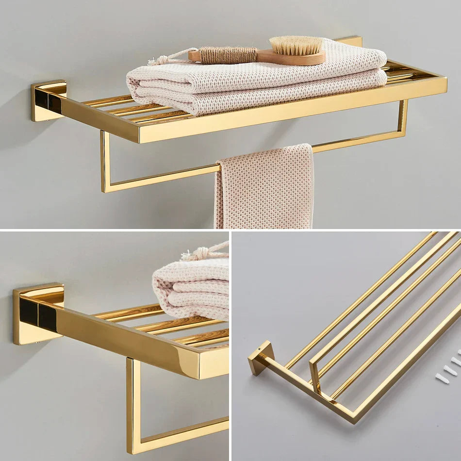 DecorBites™ Gold Bathroom Hardware Set: Hook, Towel Rail, Bar, Shelf, Tissue Holder & More