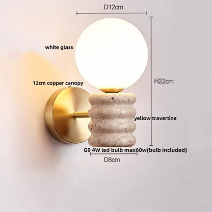 DecorBites™ LED Wall Light Fixture Travertine Stone Wood Canopy Bedside Lamp