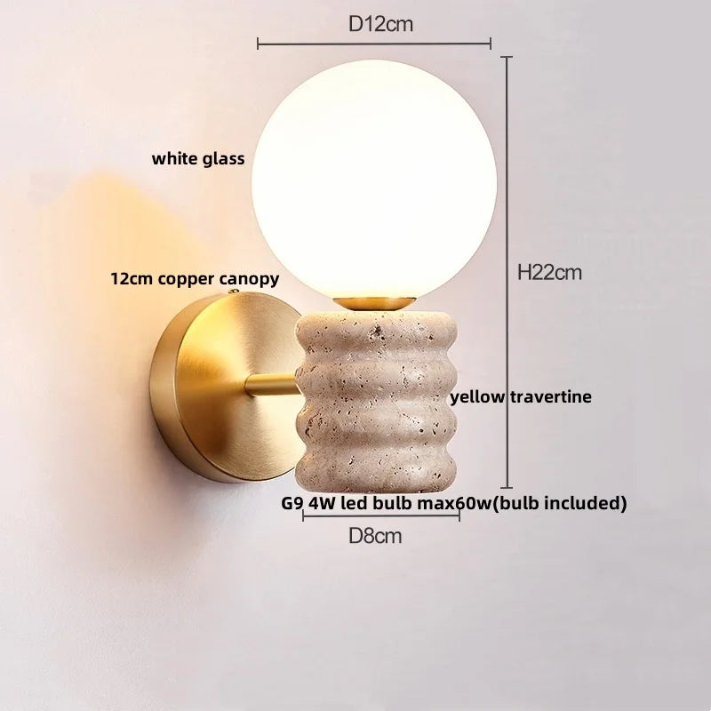 DecorBites™ Japanese LED Wall Lamp, Pull Chain Switch, Yellow Travertine Glass, White Shade