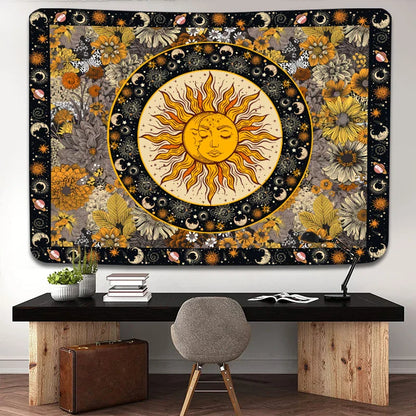 Sun Moon Tapestry Vintage Boho Wall Hanging by Decobites with Sunflowers Moth Constellation Aesthetic