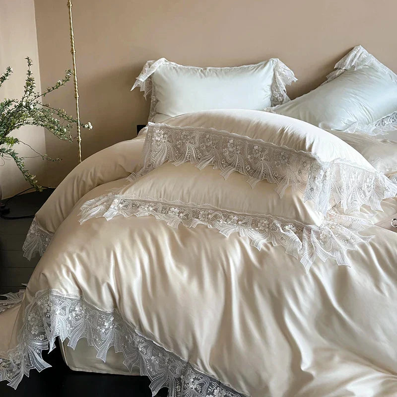 Decobites Romantic Lace Ruffles Bedding Set in Lyocell Cotton, Silky Duvet Cover, Bed Sheet, Pillowcases