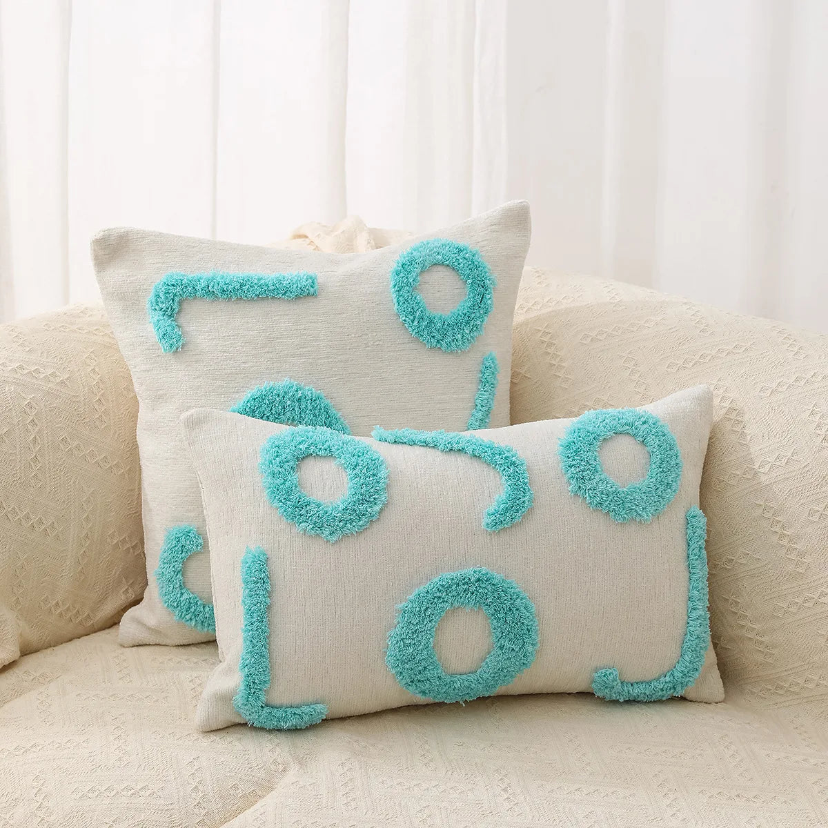 DecorBites™ Fundas de almohada bordadas en chenilla geométrica, estilo boho marroquí