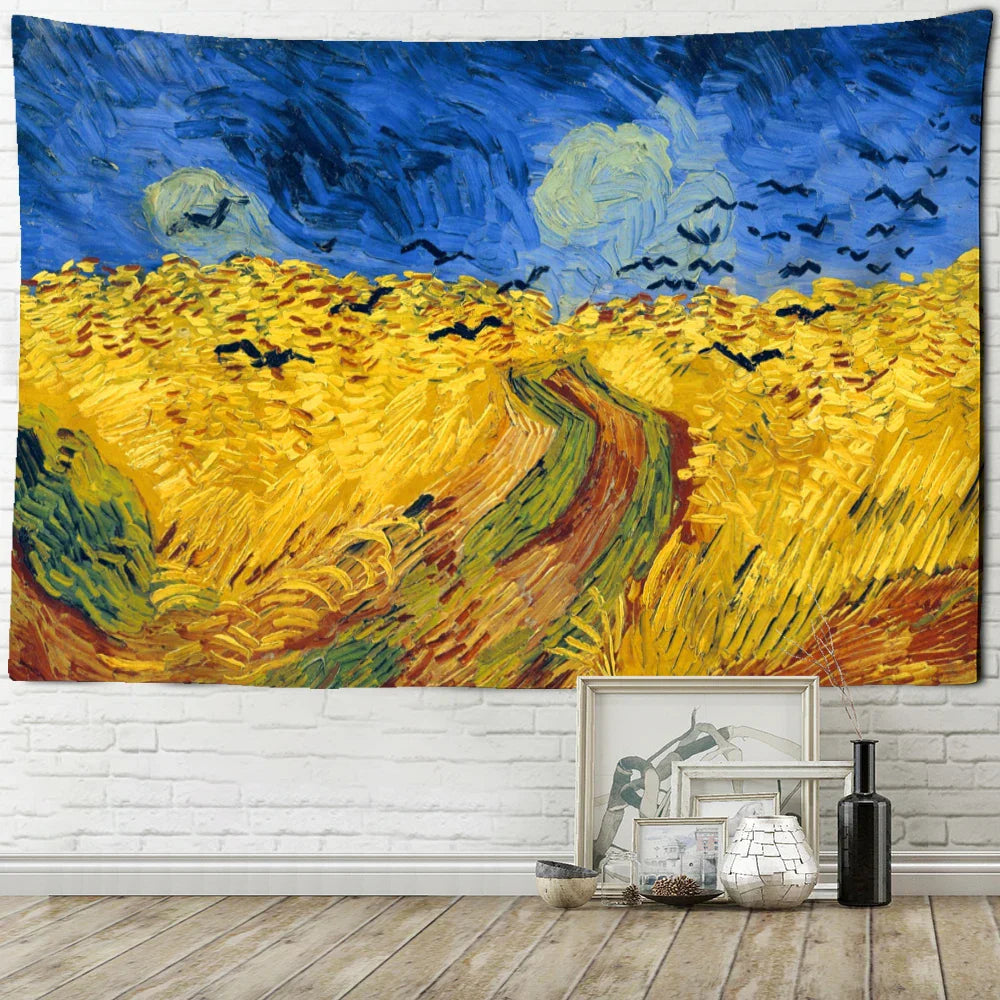 Decobites Golden Field Oil Painting Tapestry Wall Hanging - Retro Hippie Art Decor