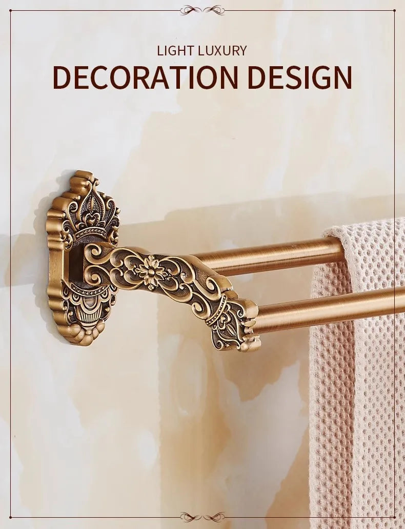 DecorBites™ Bronze Carved Bath Accessories Set: Shelf, Towel Rack, Paper Holder, Toilet Brush Holder