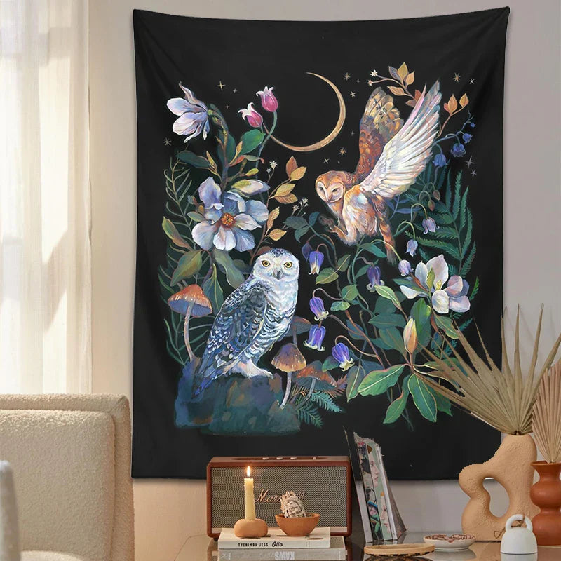 Decobites Owls Night Garden Tapestry Wall Hanging - Psychedelic Moon Magic Plant Flower Tapestries