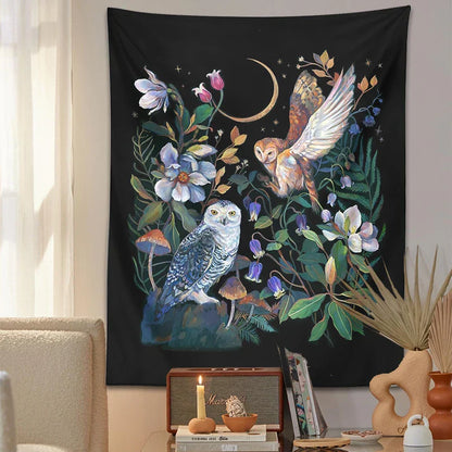 Decobites Owls Night Garden Tapestry Wall Hanging - Psychedelic Moon Magic Plant Flower Tapestries