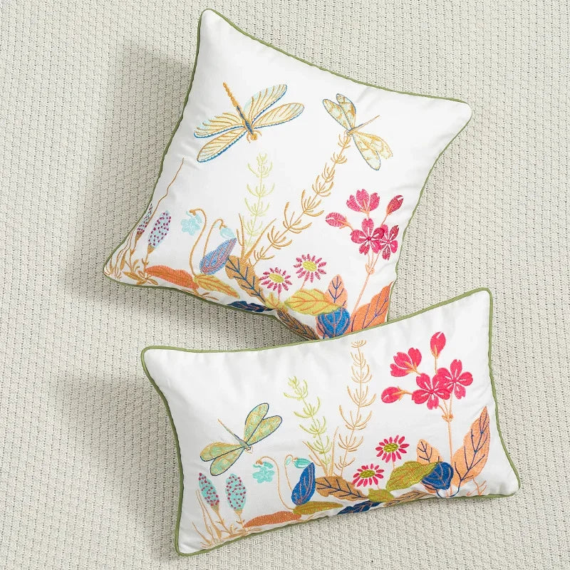 Funda de cojín bordada con diseño floral botánico DecorBites™ - Funda de almohada decorativa estilo campestre